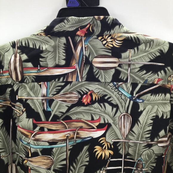 VTG Men's 2XL Hawaiian Shirt Hilo Hatties Palms Canoes Button Down Green Brown - Picture 6 of 9